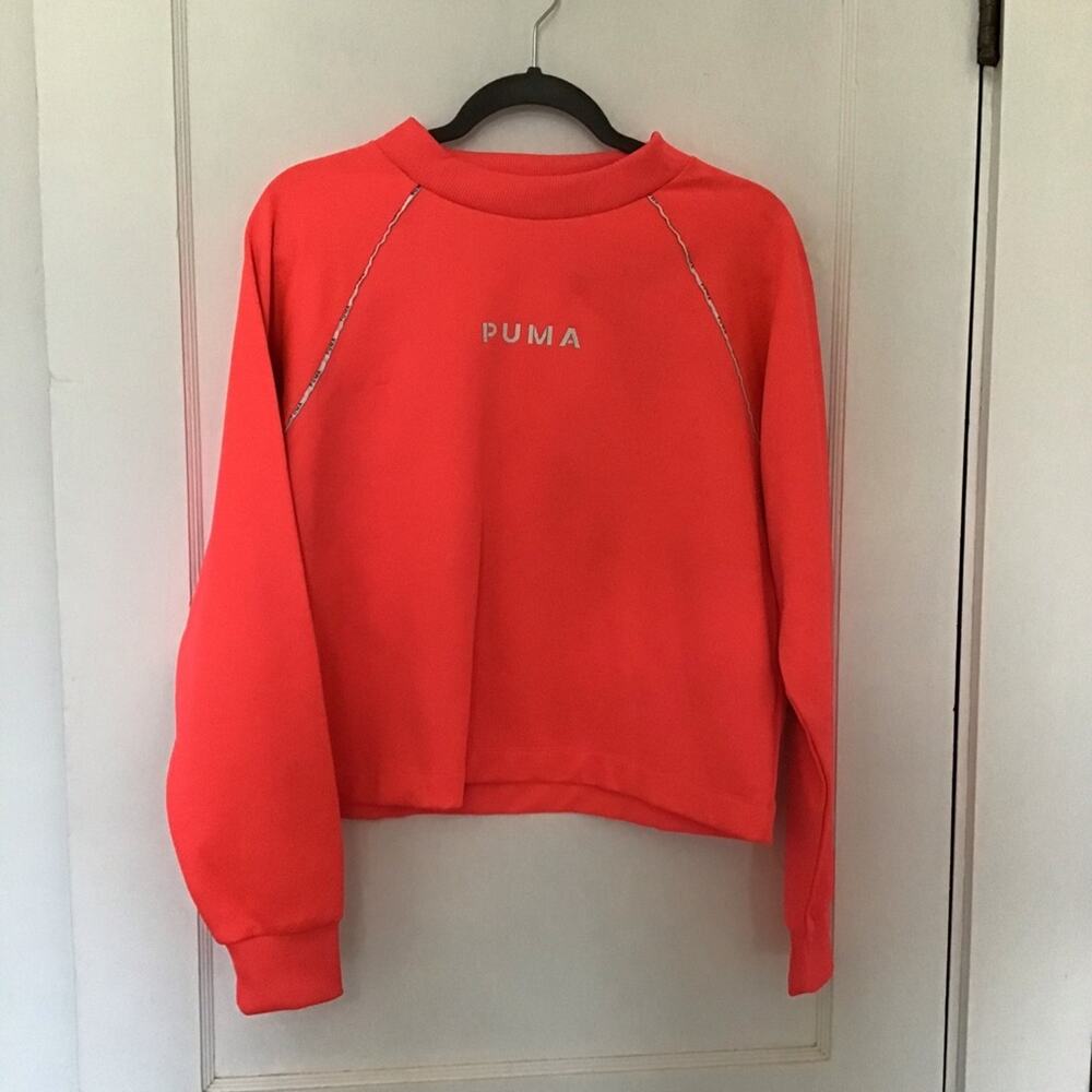 Puma fluorescent pink cropped waffle pullover crewneck large